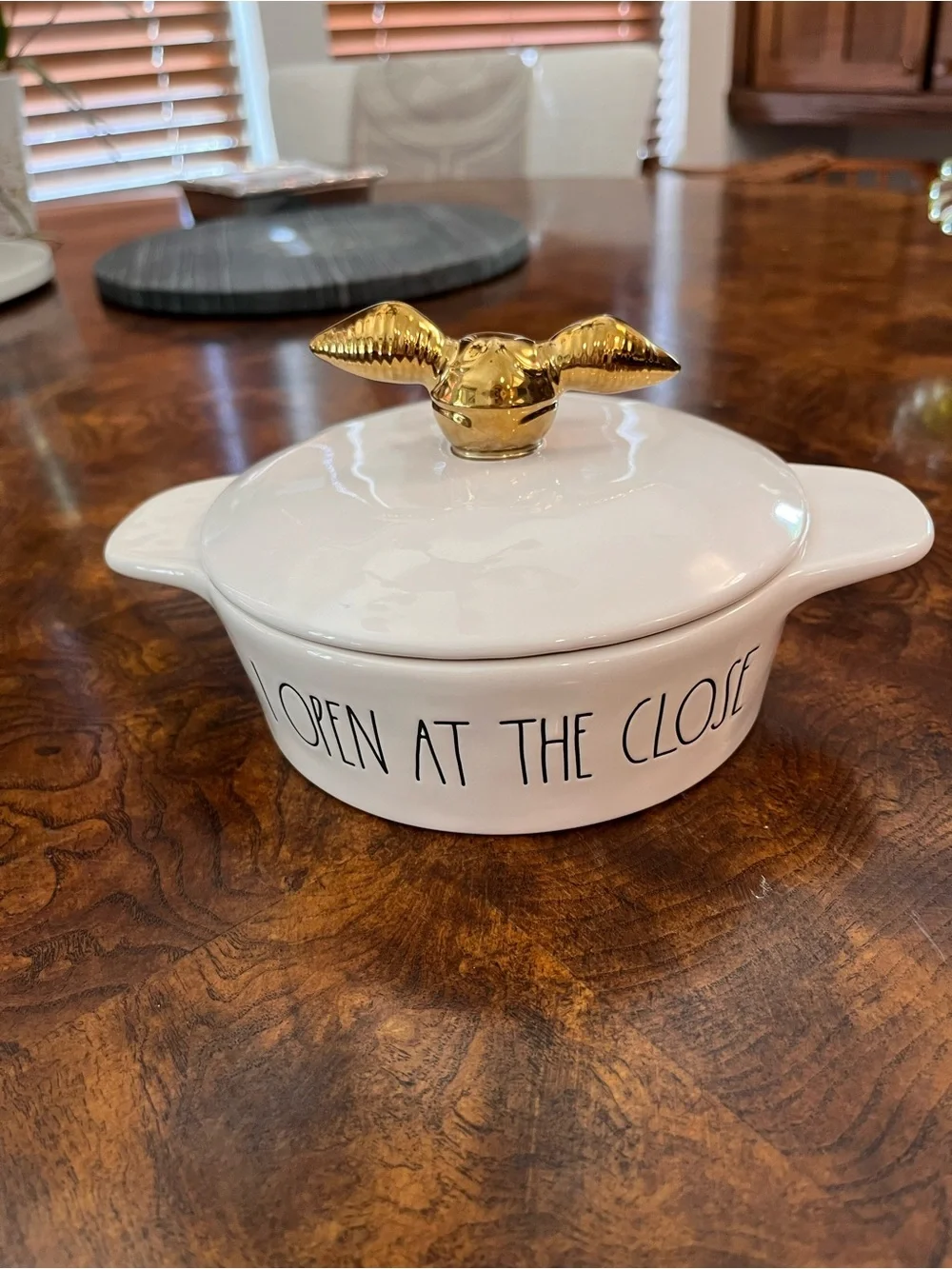 Rae Dunn White Ceramic Covered Dish with Gold Handle